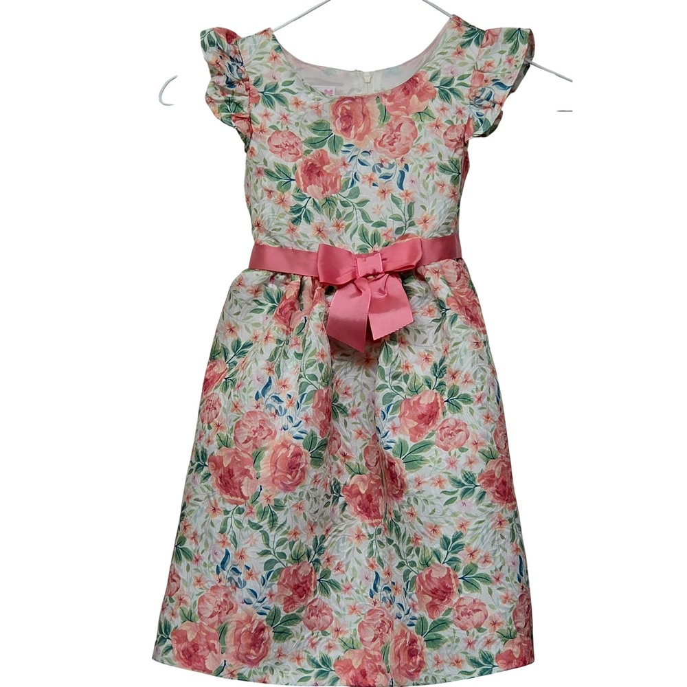 Bonnie Jean Floral Flutter Sleeve Dress Girls 5 Pink Rose Print Bow Princes doll